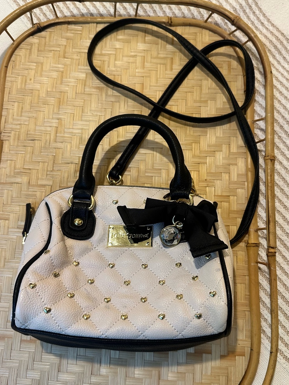 Betsey Johnson white Mini Satchel with Black Trim & Bow Charm